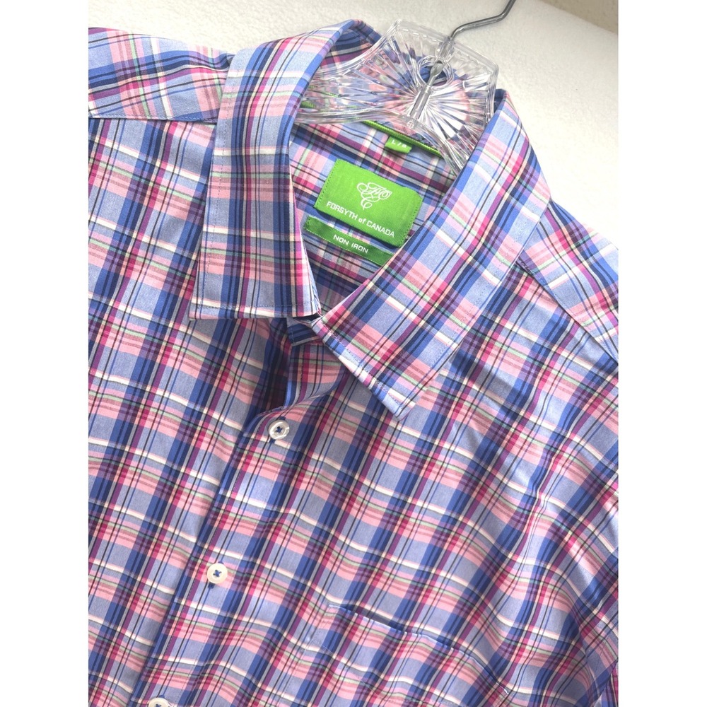 Forsyth of Canada Mens Short Sleeve Plaid Non Iron Button Down Shirt Blue Pink L